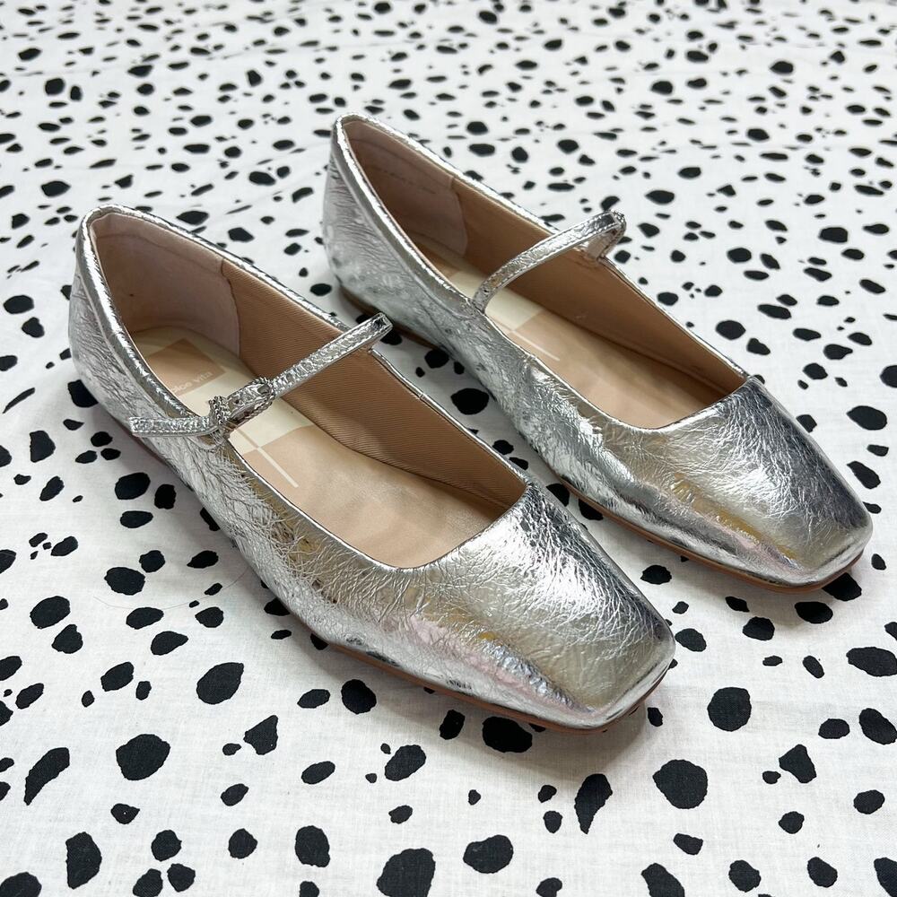 NEW Dolce Vita | Reyes Silver Distressed Leather Mary Jane Ballet Flats Shoes 9